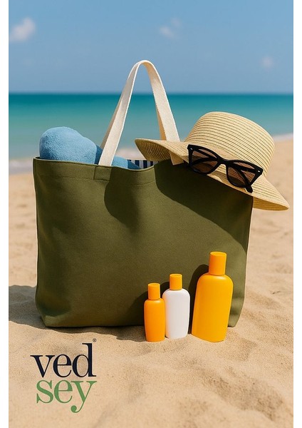 Yeşil Çift Yön Canvas Çok Amaçlı Plaj Çanta