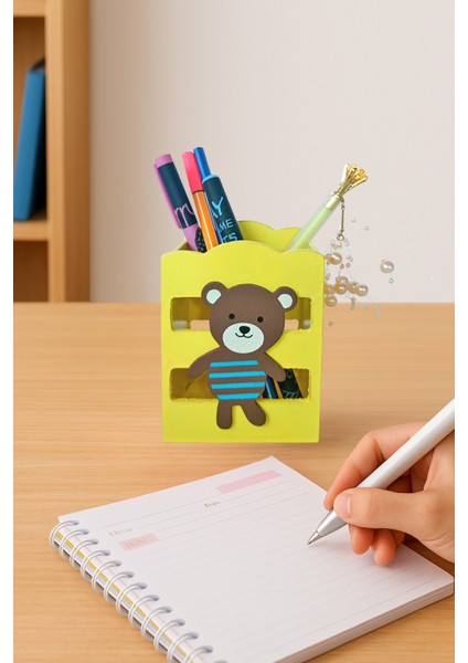 Ahşap Masaüstü Kalemlik Sevimli Ayıcık Çizgili Sarı- 1 Adet