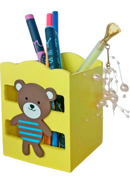 Ahşap Masaüstü Kalemlik Sevimli Ayıcık Çizgili Sarı- 1 Adet fiyatları