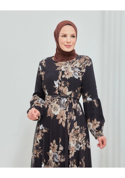 Yaprak Desenli Zarif Ve Şık Uzun Boy Büyük Beden Astarlı Şifon Elbise ( Lisinya ) modelleri