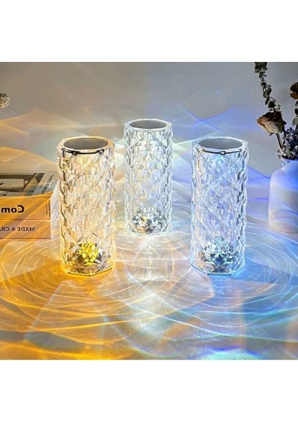 Şeffaf Kristal Gül Gölgesi ve Çok Renkli Sütunlu Silindirik Masa Lambası