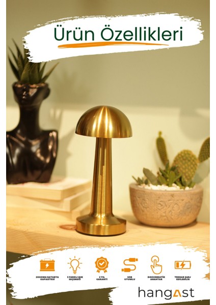 Altın Renkli Metal Mantar Masa Lambası, Kablosuz, Led, 3 Renk Seçeneği, Şık ve Kullanışlı. fiyatları