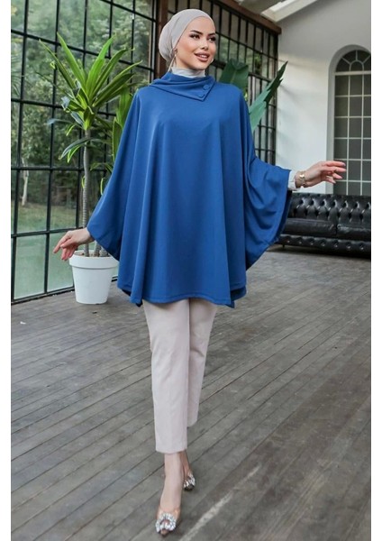 Düğme Detaylı Şık Tasarımlı Mavi Şal Yaka Panço ( Lisinya ) fırsatları