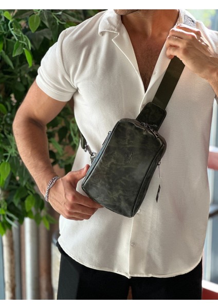 Yeşil Vegan Deri Erkek Omuz ve Sırt Çantası, Şık ve Hafif Tasarım