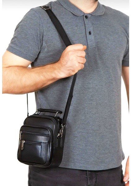 Erkek Için Ayarlanabilir Fermuarlı Deri El ve Omuz Çantası, Siyah
