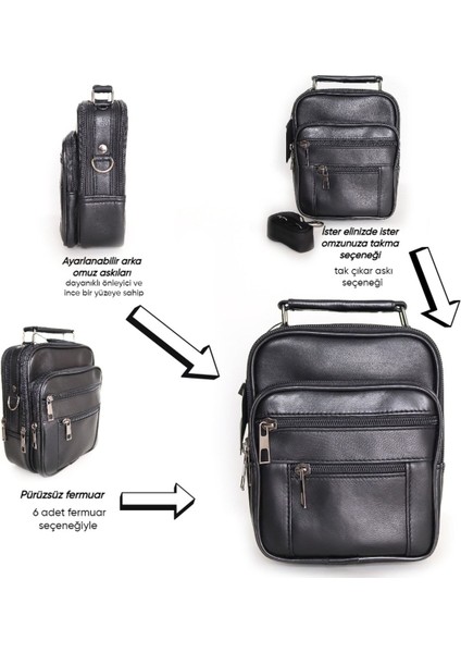 Erkek Için Ayarlanabilir Fermuarlı Deri El ve Omuz Çantası, Siyah fiyatları