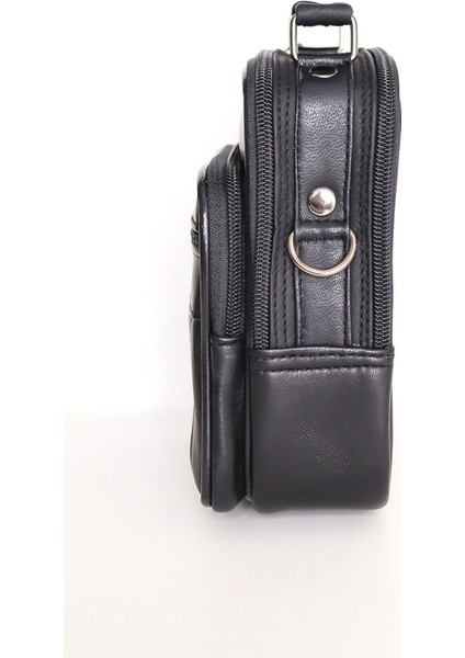 Erkek Için Ayarlanabilir Fermuarlı Deri El ve Omuz Çantası, Siyah