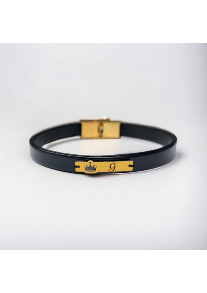 14 Ayar Plakalı Altın Ğ Harfine Özel Doğal Siyah Derili Taç Figürlü Hediye BILEKLIK-569HARF