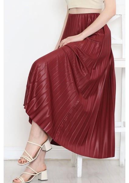 Zarif Ve Modern Pileli Parlak Krep Gizli Lastikli Bordo Etek ( Lisinya ) modelleri