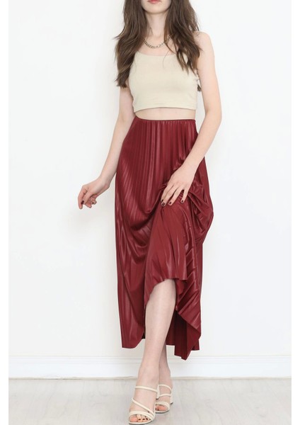 Zarif Ve Modern Pileli Parlak Krep Gizli Lastikli Bordo Etek ( Lisinya ) indirimleri