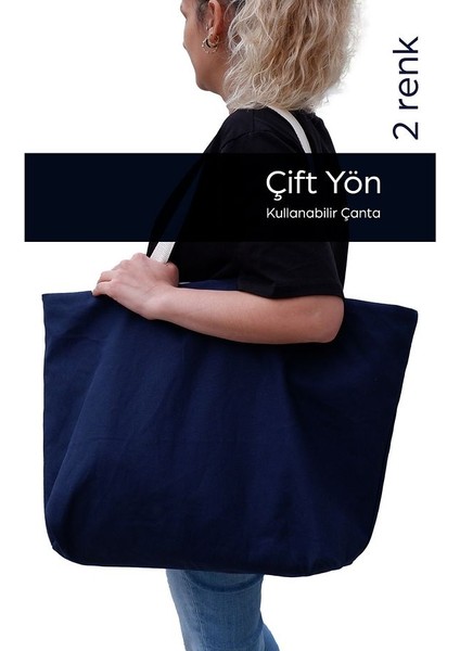 Lacivert Çift Yön Kullanılabilen Büyük 60 x 40 x 10 Canvas Çok Amaçlı Plaj Çanta