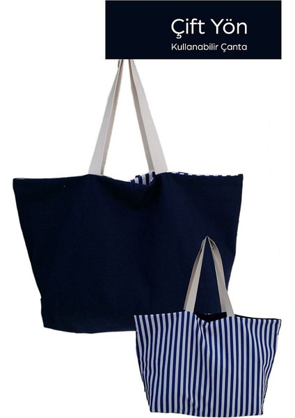Lacivert Çift Yön Kullanılabilen Büyük 60 x 40 x 10 Canvas Çok Amaçlı Plaj Çanta fiyatları
