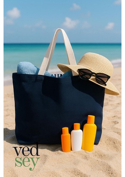 Lacivert Çift Yön Kullanılabilen Büyük 60 x 40 x 10 Canvas Çok Amaçlı Plaj Çanta