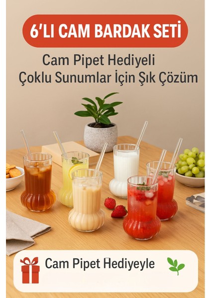 6 Adet Premium Cam Bardak Cam Pipet Hediyeli– Soğuk Kahve, Limonata ve Soda Sunumlar 500 ml
