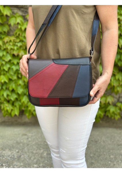 Renkli Hakiki Deri Orta Boy Çapraz Kadın Çantası 25X21X7 cm