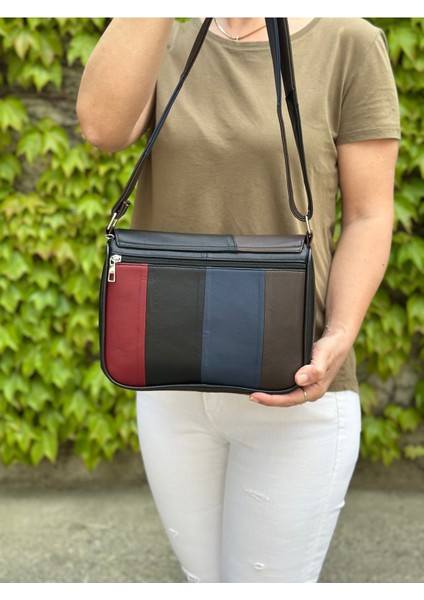 Renkli Hakiki Deri Orta Boy Çapraz Kadın Çantası 25X21X7 cm