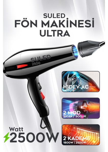 Ultra Saç Kurutma ve Fön Makinesi 2500W Sıcak - Soğuk 2 Kademeli Ev Berber Pet