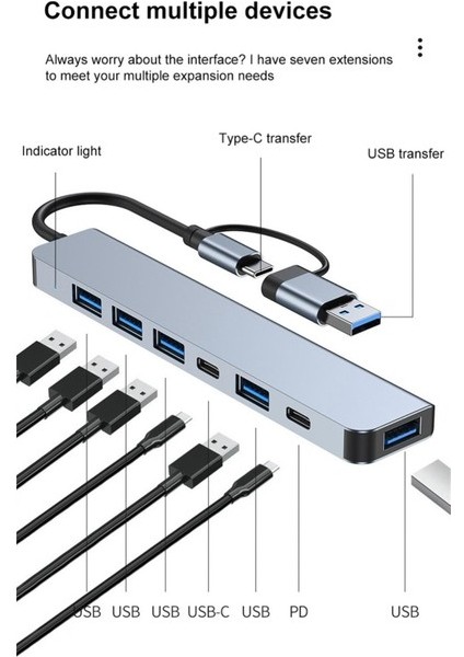 Jingyi Cerastes 7in2 7 Port 2si 1 Arada USB 3.0 Hub Tip-C Adaptör USB 2.0 Yüksek Hızlı Iletim Çok P (Yurt Dışından) indirimleri