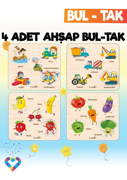 Eğitici 4'lü Bul-Tak Seti: Taşıtlar, Meyveler, Sebzeler ve Iş Makineleri