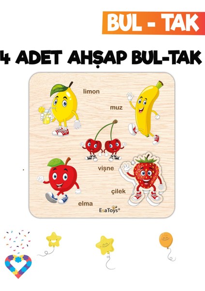 Eğitici 4'lü Bul-Tak Seti: Taşıtlar, Meyveler, Sebzeler ve Iş Makineleri modelleri