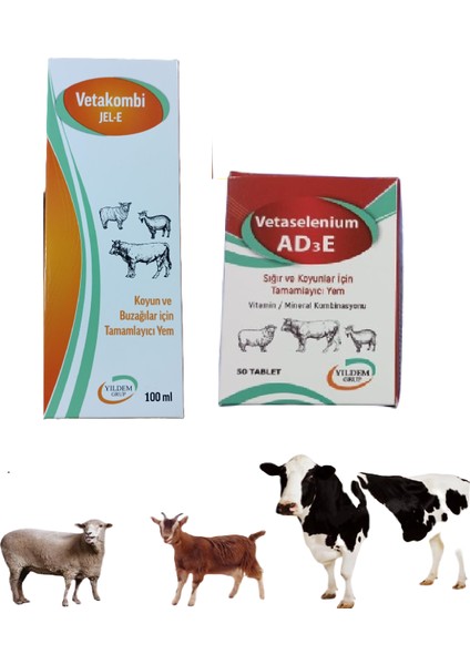 Koyun ve Buzağılar Için Vetakombi E Jel 100 ml ve Vetaselenium AD3E 50 Tablet