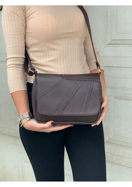 Kadın Omuz Çantası, Hakiki Deri, Koyu Kahve, Çapraz Askılı, 25X21X7 cm