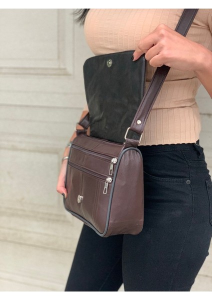 Kadın Omuz Çantası, Hakiki Deri, Koyu Kahve, Çapraz Askılı, 25X21X7 cm