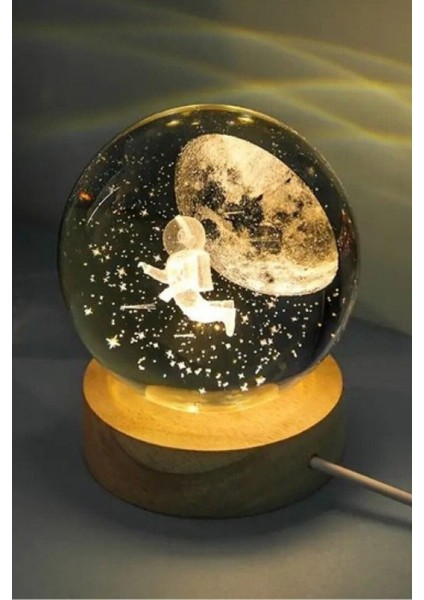 Yarım Ay Temalı Işıklı Usb'li Cam Küre Ahşap Altlıklı Gece Lambası