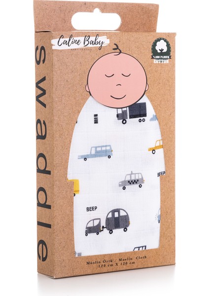 %100 Pamuk Premium & Hafif Müslin Bezi Örtüsü I 120x120 cm I Gri I Araba Desenli & 4 Adet Ağız Mendili 27x27cm