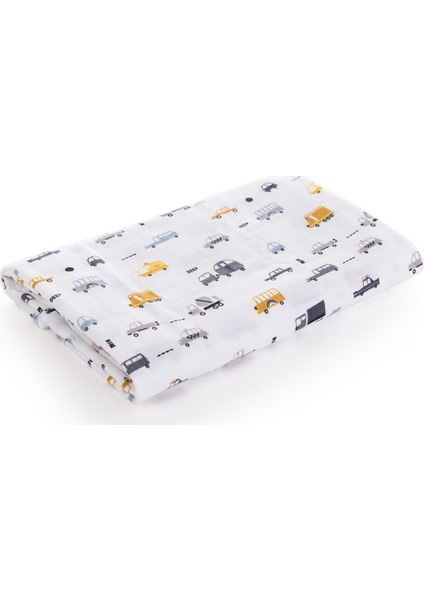 %100 Pamuk Premium & Hafif Müslin Bezi Örtüsü I 120x120 cm I Gri I Araba Desenli & 4 Adet Ağız Mendili 27x27cm fiyatları