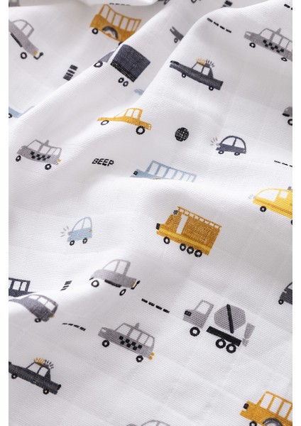 %100 Pamuk Premium & Hafif Müslin Bezi Örtüsü I 120x120 cm I Gri I Araba Desenli & 4 Adet Ağız Mendili 27x27cm modelleri