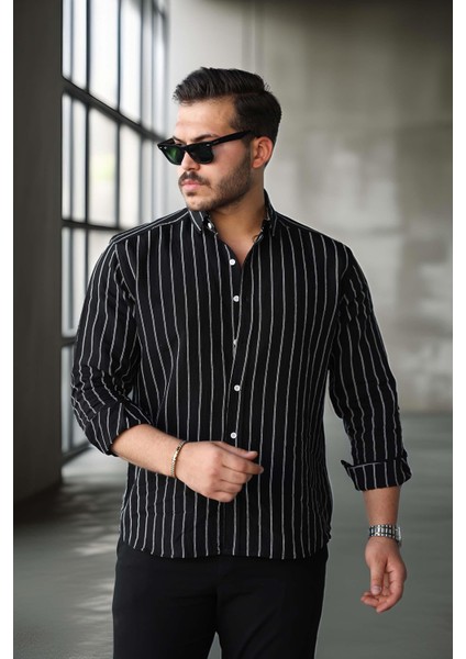Scorsese Çizgili Relaxed Fit Erkek Gömlek - Siyah