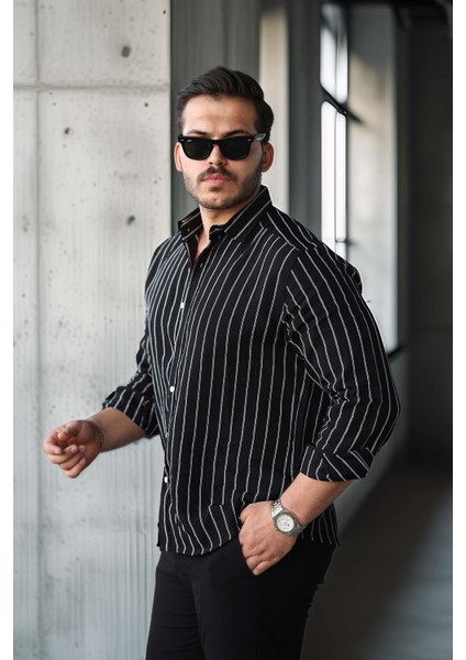 Scorsese Çizgili Relaxed Fit Erkek Gömlek - Siyah modelleri