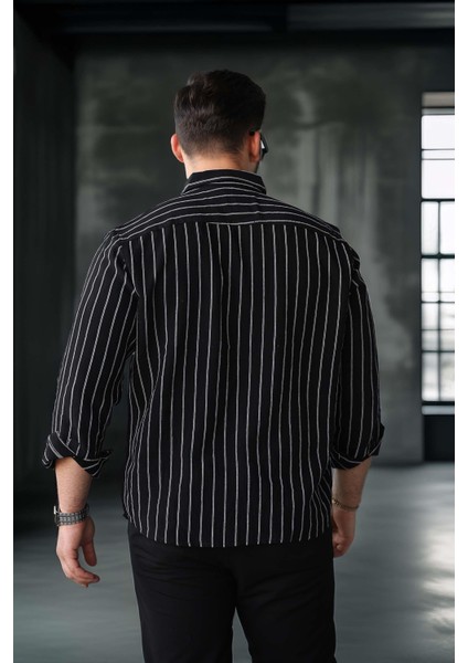 Scorsese Çizgili Relaxed Fit Erkek Gömlek - Siyah fırsatları