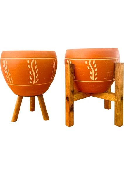 Ev Dekorasyon Nakış Desenli Terrakota Toprak Saksı Saksılık Salon Çiçeklik İkili Set 3 Ayaklı- 4 Ayaklı- 15 Cm