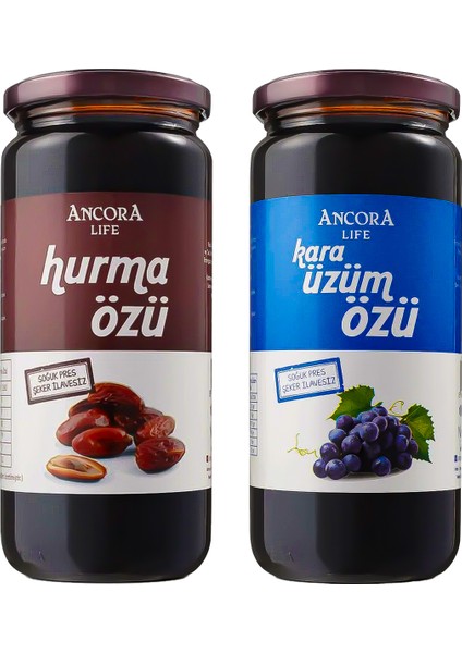 2'li Avantaj Paketi - Hurma Özü, Kara Üzüm Özü - Şeker İlavesiz Soğuk Sıkım 640 Gr x 2 Adet