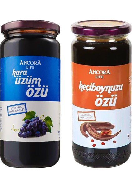 2'li Avantaj Paketi - Keçiboynuzu Özü, Kara Üzüm Özü - Şeker İlavesiz Soğuk Sıkım 640 Gr x 2 Adet