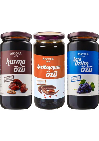 Hurma Özü, Keçiboynuzu Özü, Kara Üzüm Özü - Şeker İlavesiz Soğuk Sıkım 640 Gr x 3 Adet