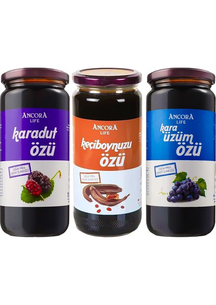 Karadut Özü, Keçiboynuzu Özü, Kara Üzüm Özü - Şeker İlavesiz Soğuk Sıkım 640 Gr x 3 Adet