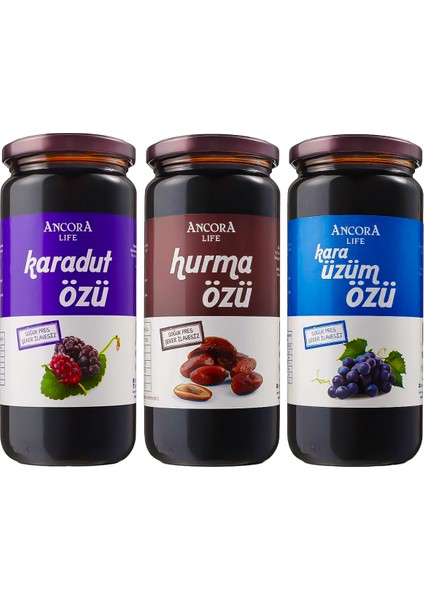 Karadut Özü, Hurma Özü, Kara Üzüm Özü - Şeker İlavesiz Soğuk Sıkım 640 Gr x 3 Adet