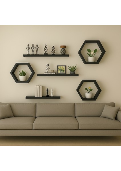 Dekoratif Altıgen Duvar Rafı/kitaplık (Antrasit)