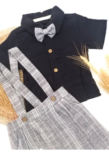 Müslin Gömlekli Keten Şort Salopet 2'li Takım Lacivert - 6-9 Ay fiyatları