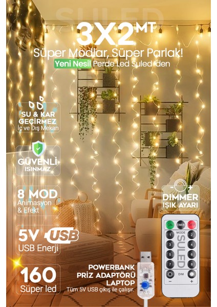 Süsleme Işığı Kumandalı Perde LED 3X2MT USB Enerjili 160 LED 8 Modlu Ayarlanabilir Iç ve Dış Mekan