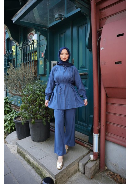 Belden Bağcıklı Büzgülü Kısa Tunik Ikili Tesettür Eşofman Takımı - (38-46) - 71298 - Indigo
