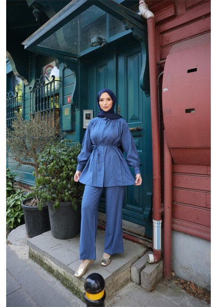 Belden Bağcıklı Büzgülü Kısa Tunik Ikili Tesettür Eşofman Takımı - (38-46) - 71298 - Indigo fiyatları