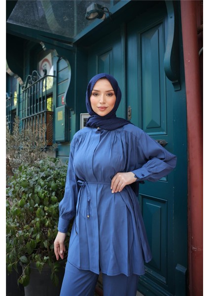 Belden Bağcıklı Büzgülü Kısa Tunik Ikili Tesettür Eşofman Takımı - (38-46) - 71298 - Indigo fırsatları