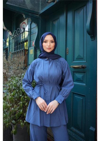 Belden Bağcıklı Büzgülü Kısa Tunik Ikili Tesettür Eşofman Takımı - (38-46) - 71298 - Indigo indirimleri