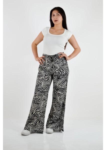 Zebra Desen Bol Paça Palazzo Pantolon - Siyah-Bej