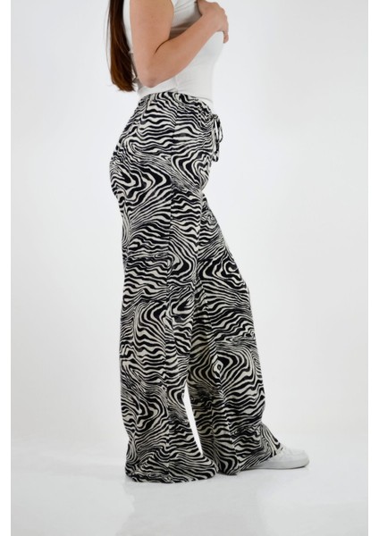 Zebra Desen Bol Paça Palazzo Pantolon - Siyah-Bej modelleri