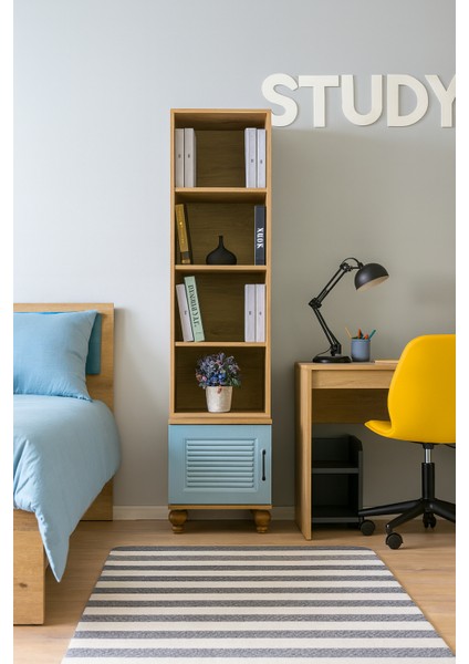 Mavi Komodin ve Kitaplık Set | MDF Gövde | REHAU Kapaklı | Ağaç Ayaklı Modern ve Fonksiyonel Tasarım